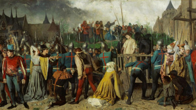 Jeanne reaches the pyre on the market place of Rouen with her cart