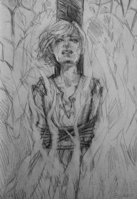 Jeanne trapped in the flames... Her long dress catches fire and burns