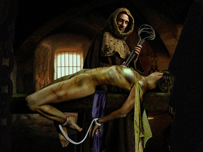 Malina gazes at her tormentor. Her heart pounds with terror at his words.<br />&quot;Sire, maybe if a tear her besmirched breasts off, this herertic will finally confess.&quot;