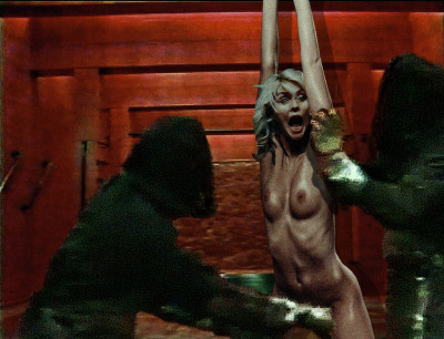 If there was one scene in Videodrome most of us would have liked to see it would be Debbie Harry in the Red Room at the mercy of the hooded torturers. The movie insinuated that she wanted to participate in the &quot;contests&quot; taking place in the Red Room, but alas that was not shown in detail. So here she is being electro-tortured with electrified gloves.